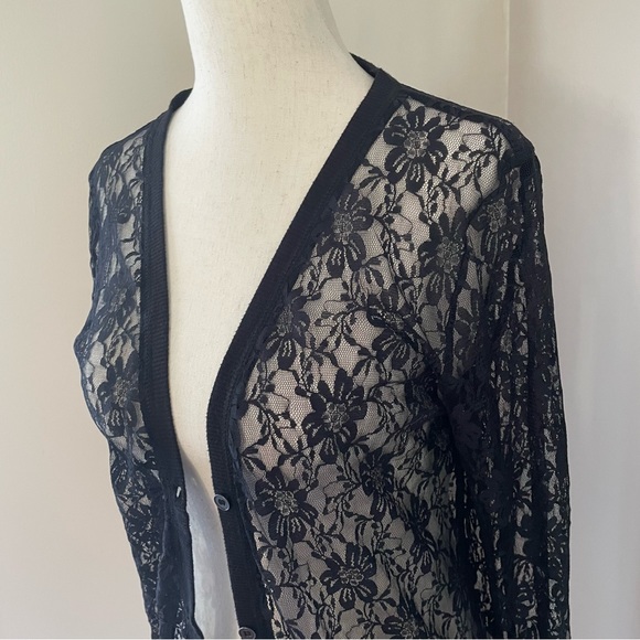 XXI F21 Black Lace Long Sleeve Pocket Front Cardigan Sweater Medium - Picture 4 of 7
